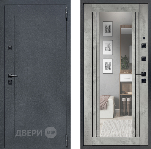 Входная металлическая Дверь Престиж Лофт с зеркалом Бетон светлый в Дмитрове