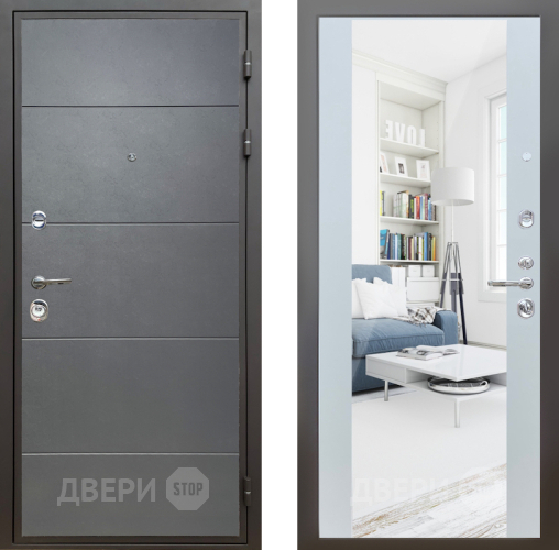 Входная металлическая Дверь Шелтер (SHELTER) Комфорт Лофт графит 13 с зеркалом Белый матовый в Дмитрове
