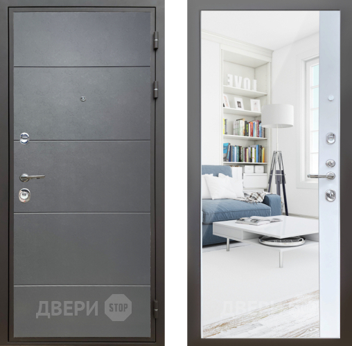 Входная металлическая Дверь Шелтер (SHELTER) Комфорт Лофт графит 14 с зеркалом Белый матовый в Дмитрове