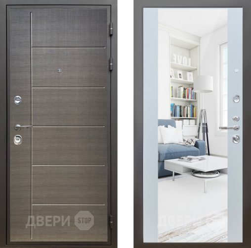 Входная металлическая Дверь Шелтер (SHELTER) Комфорт Лен сильвер 13 с зеркалом Белый матовый в Дмитрове