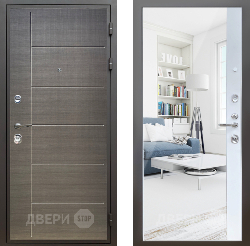 Входная металлическая Дверь Шелтер (SHELTER) Комфорт Лен сильвер 14 с зеркалом Белый матовый в Дмитрове