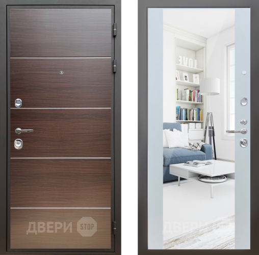 Дверь Шелтер (SHELTER) Комфорт Венге структурный горизонт 13 с зеркалом Белый матовый в Дмитрове
