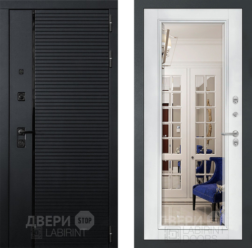 Входная металлическая Дверь Лабиринт (LABIRINT) Piano Зеркало Фацет с багетом Белый софт в Дмитрове
