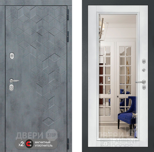 Входная металлическая Дверь Лабиринт (LABIRINT) Бетон Зеркало Фацет с багетом Белый софт в Дмитрове
