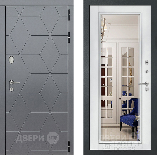 Входная металлическая Дверь Лабиринт (LABIRINT) Cosmo Зеркало Фацет с багетом Белый софт в Дмитрове