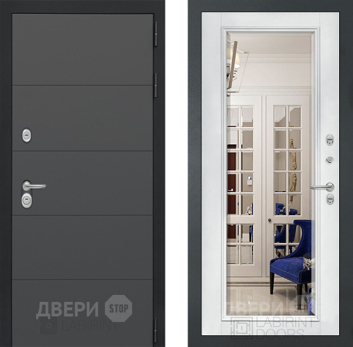 Входная металлическая Дверь Лабиринт (LABIRINT) Art Зеркало Фацет с багетом Белый софт в Дмитрове