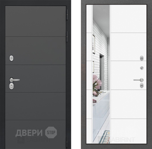 Входная металлическая Дверь Лабиринт (LABIRINT) Art Зеркало 19 Белый софт в Дмитрове