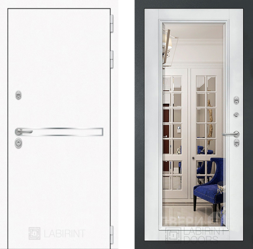 Входная металлическая Дверь Лабиринт (LABIRINT) Лайн White Зеркало Фацет с багетом Белый софт в Дмитрове