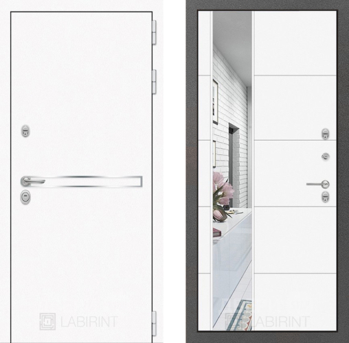 Входная металлическая Дверь Лабиринт (LABIRINT) Лайн White Зеркало 19 Белый софт в Дмитрове