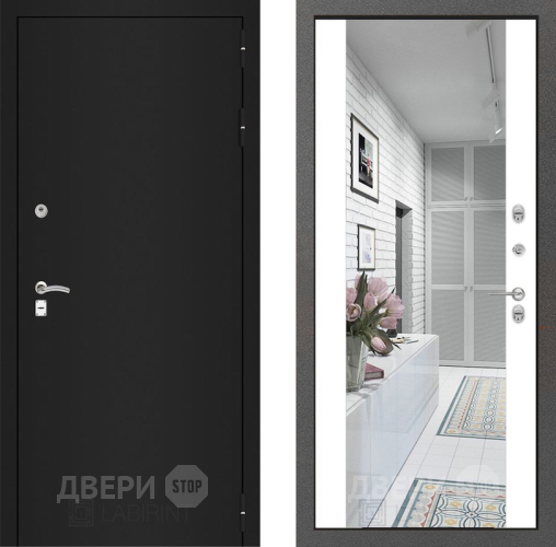 Дверь Лабиринт (LABIRINT) Classic шагрень черная Зеркало Максимум Белый софт в Дмитрове