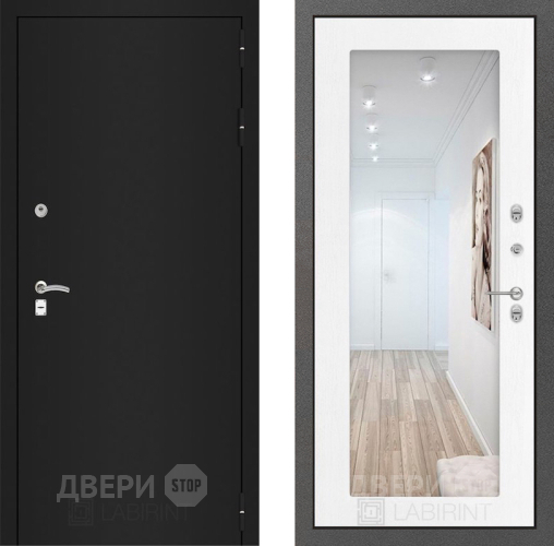 Дверь Лабиринт (LABIRINT) Classic шагрень черная Зеркало 18 Белое дерево в Дмитрове