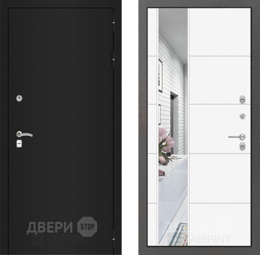 Входная металлическая Дверь Лабиринт (LABIRINT) Classic шагрень черная Зеркало 19 Белый софт в Дмитрове