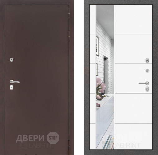 Входная металлическая Дверь Лабиринт (LABIRINT) Classic антик медь Зеркало 19 Белый софт в Дмитрове