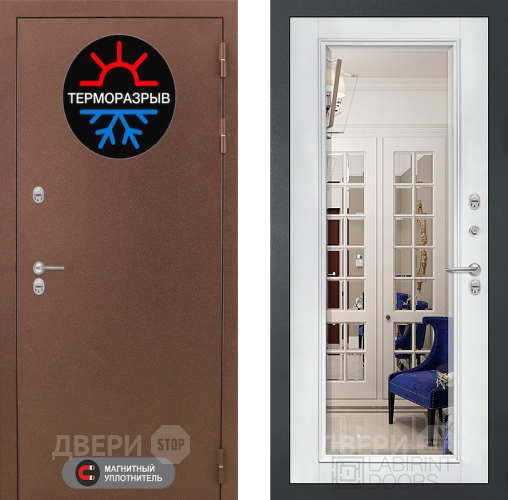 Дверь Лабиринт (LABIRINT) Термо Магнит Зеркало Фацет с багетом Белый софт в Дмитрове