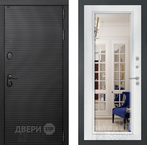 Входная металлическая Дверь Лабиринт (LABIRINT) Вулкано Зеркало Фацет с багетом Белый софт в Дмитрове