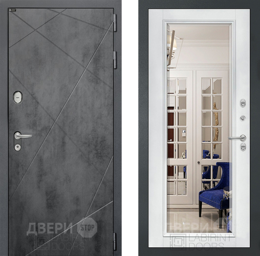 Входная металлическая Дверь Лабиринт (LABIRINT) Лофт Зеркало Фацет с багетом Белый софт в Дмитрове