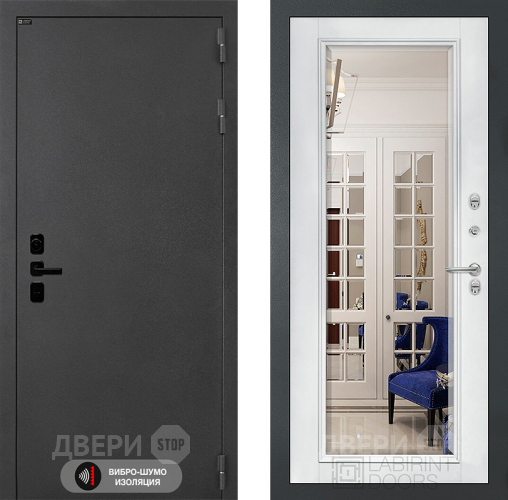 Входная металлическая Дверь Лабиринт (LABIRINT) Acustic Зеркало Фацет с багетом Белый софт в Дмитрове
